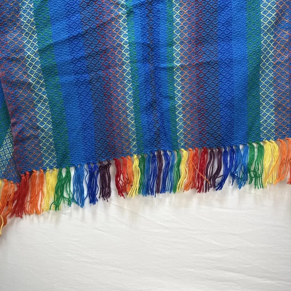 Artesanias Oscar Alpaca‎ Blue Rainbow Stripe Wrap Scarf Hand Woven Made in Peru